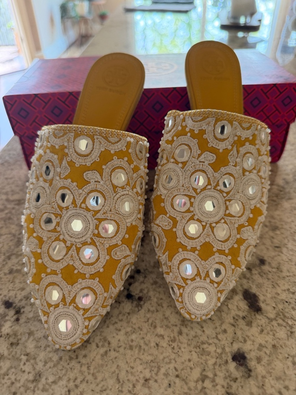 Tory Burch Yellow Embellished Pointed Toe Mules size 7